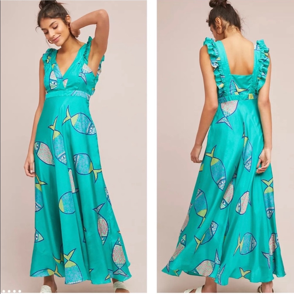 Anthropologie Anupamaa Fish Print Silk Maxi Dress